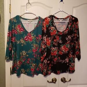LOT of 2 Pioneer woman V neck floral‎ design 3/4 sleeve tops size XL